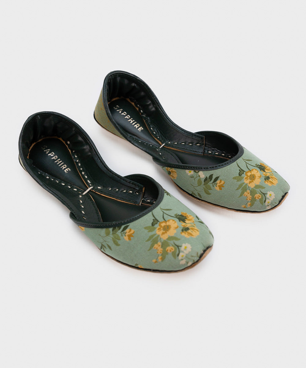 Women's Light Green Printed Cambric Leather Khussa