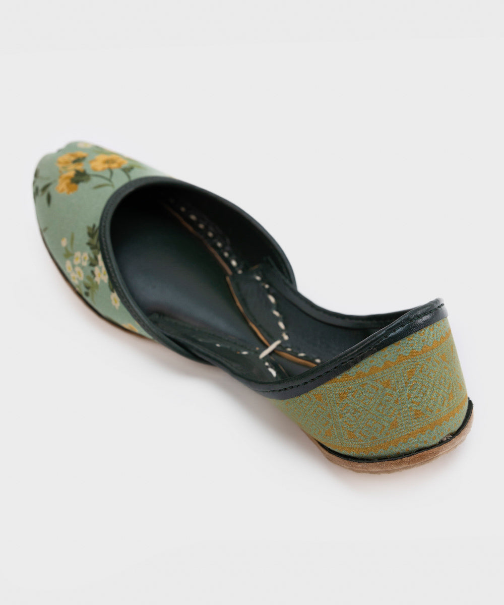 Women's Light Green Printed Cambric Leather Khussa