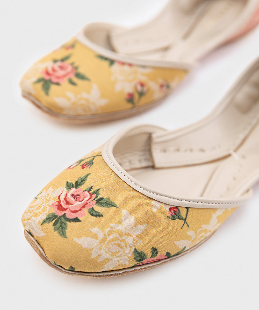 Women's Yellow Printed Cambric Leather Khussa