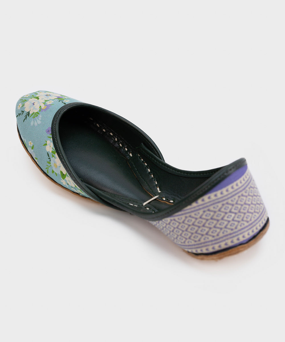 Women's Light Blue Printed Cambric Leather Khussa