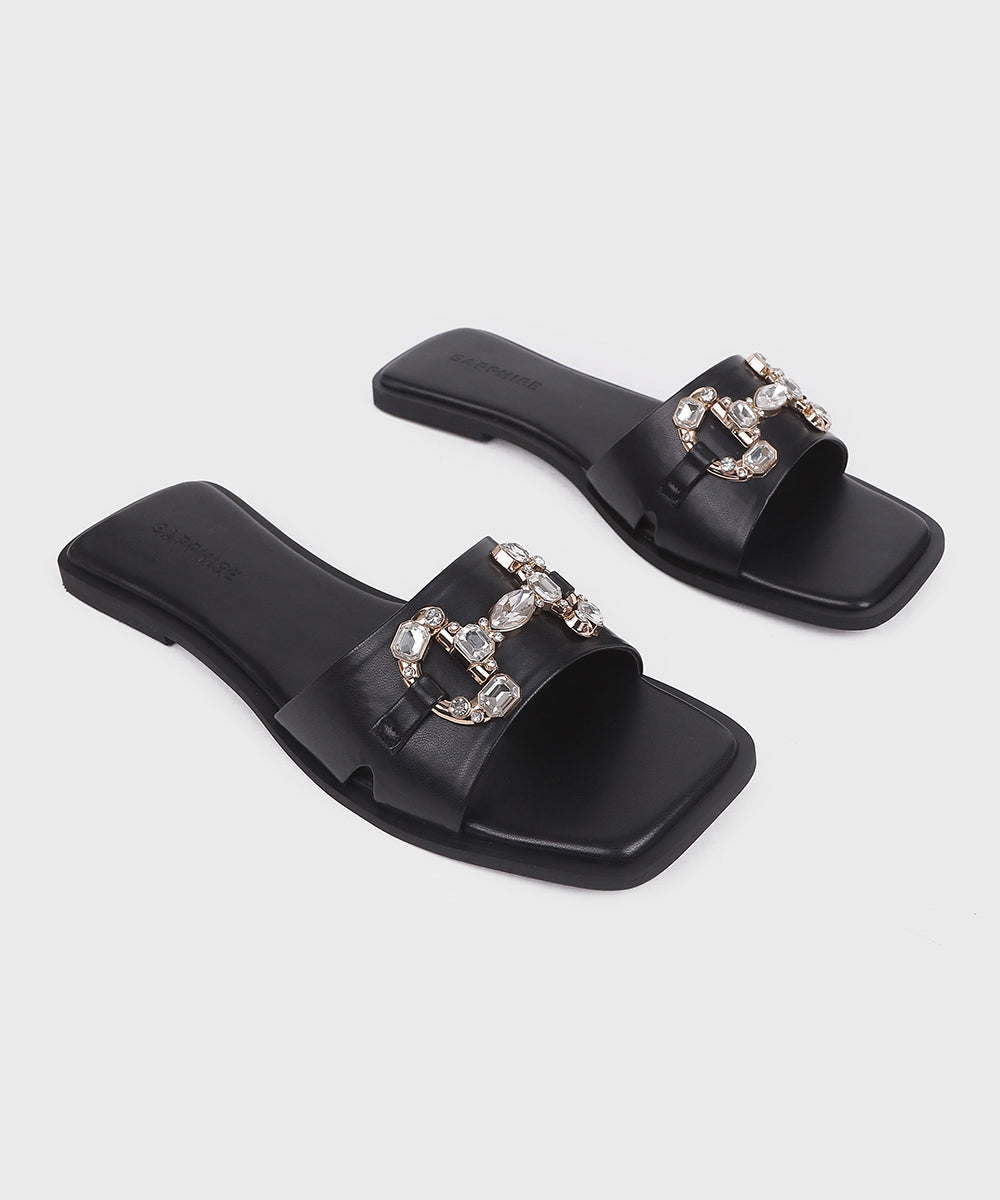 Black Flats with Stone Buckle