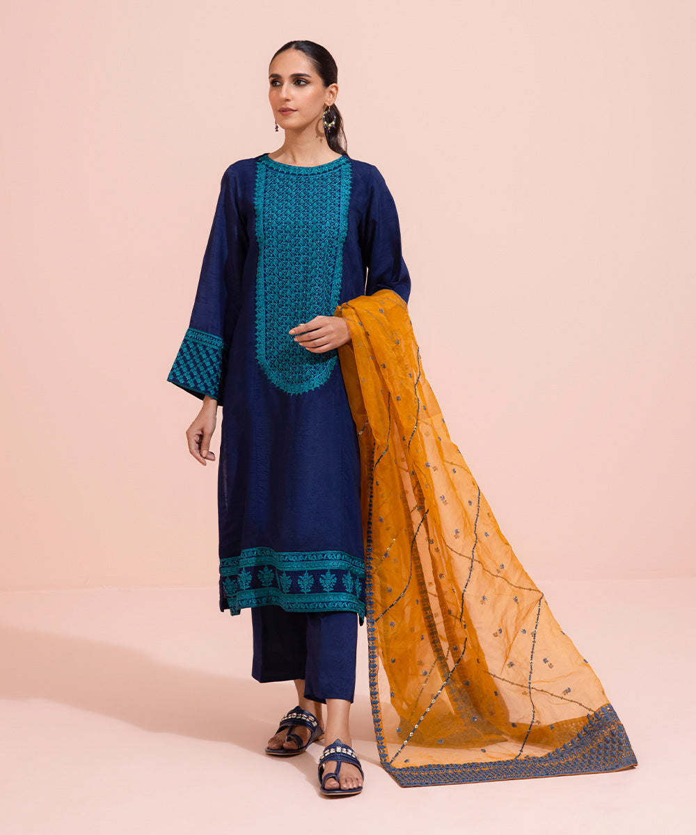Women's Luxe Blended Organza Embroidered Mustard and Blue Dupatta