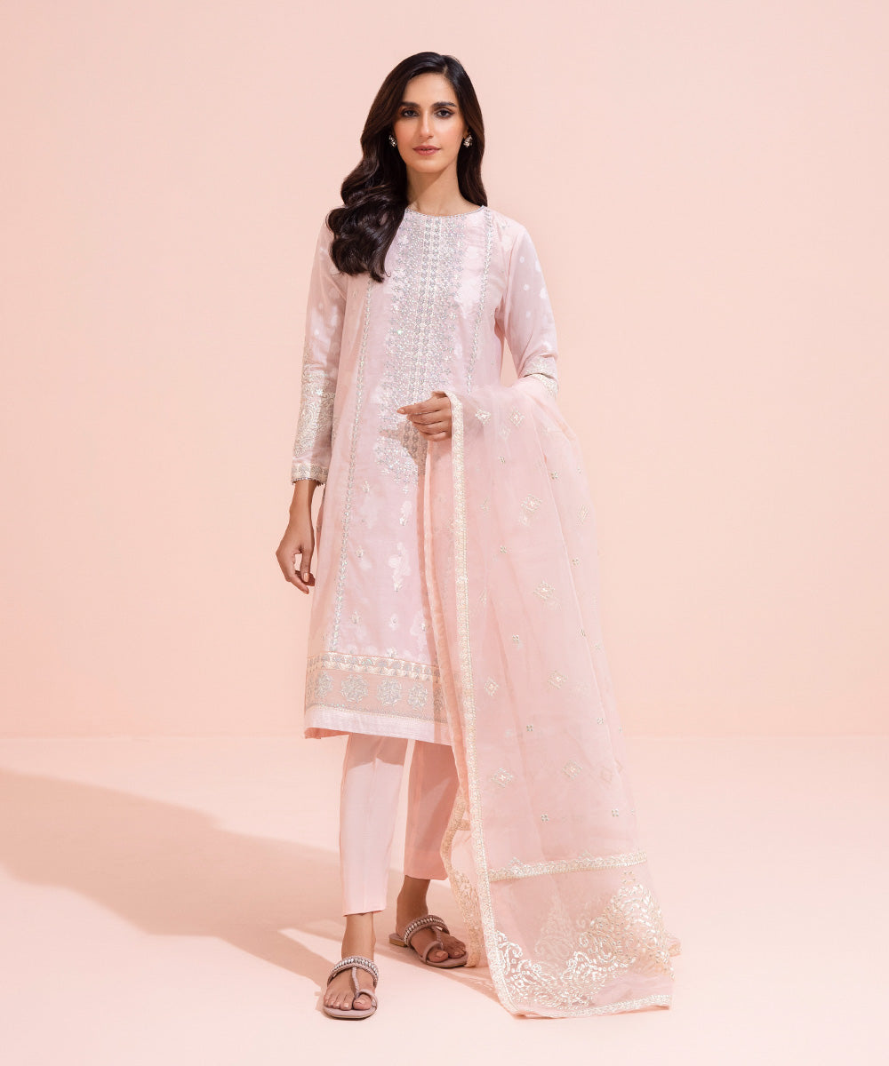 Women's Luxe Blended Organza Embroidered Blush Pink Dupatta