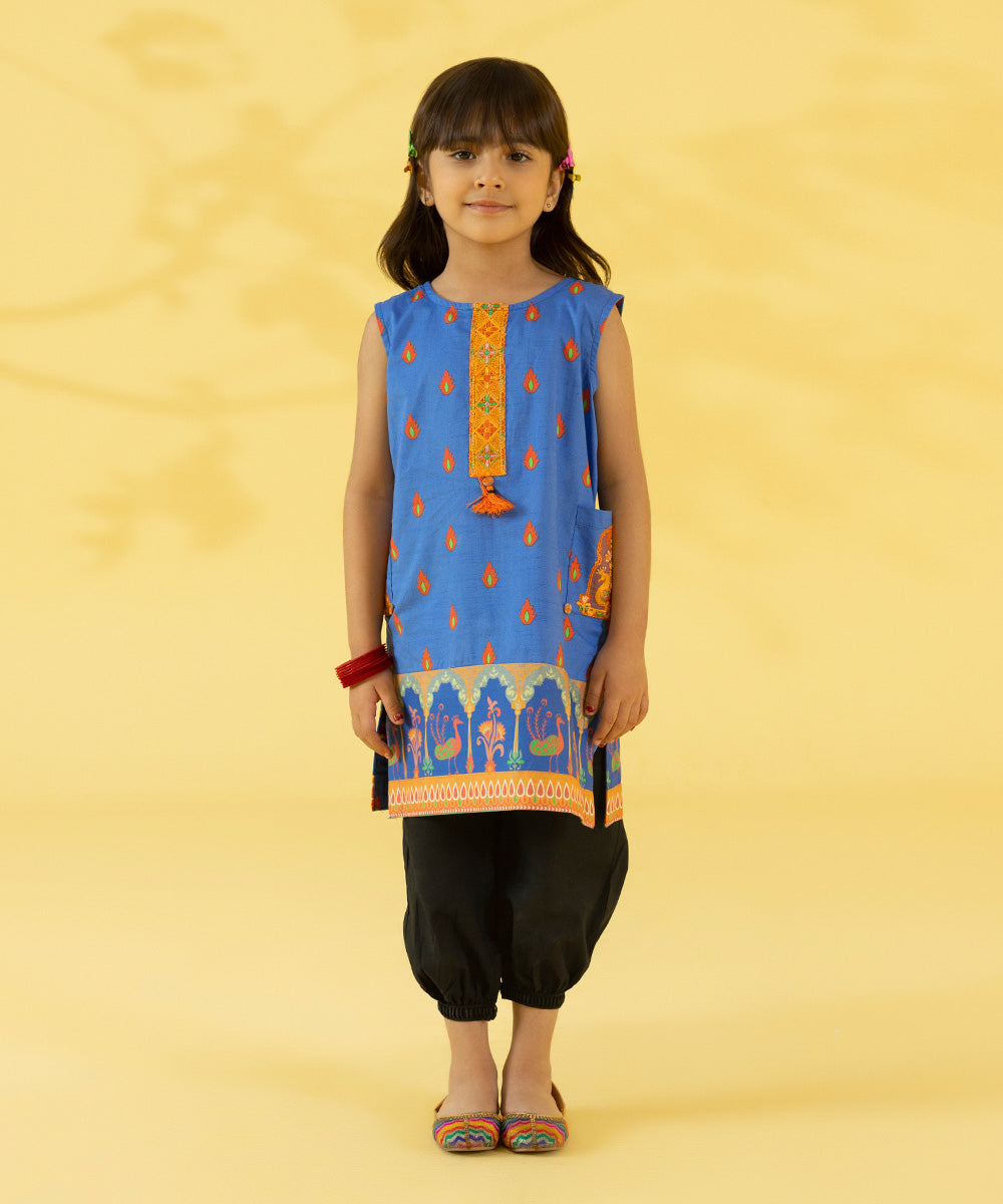 Kids Girls Cambric Embroidered Royal Blue Kurta