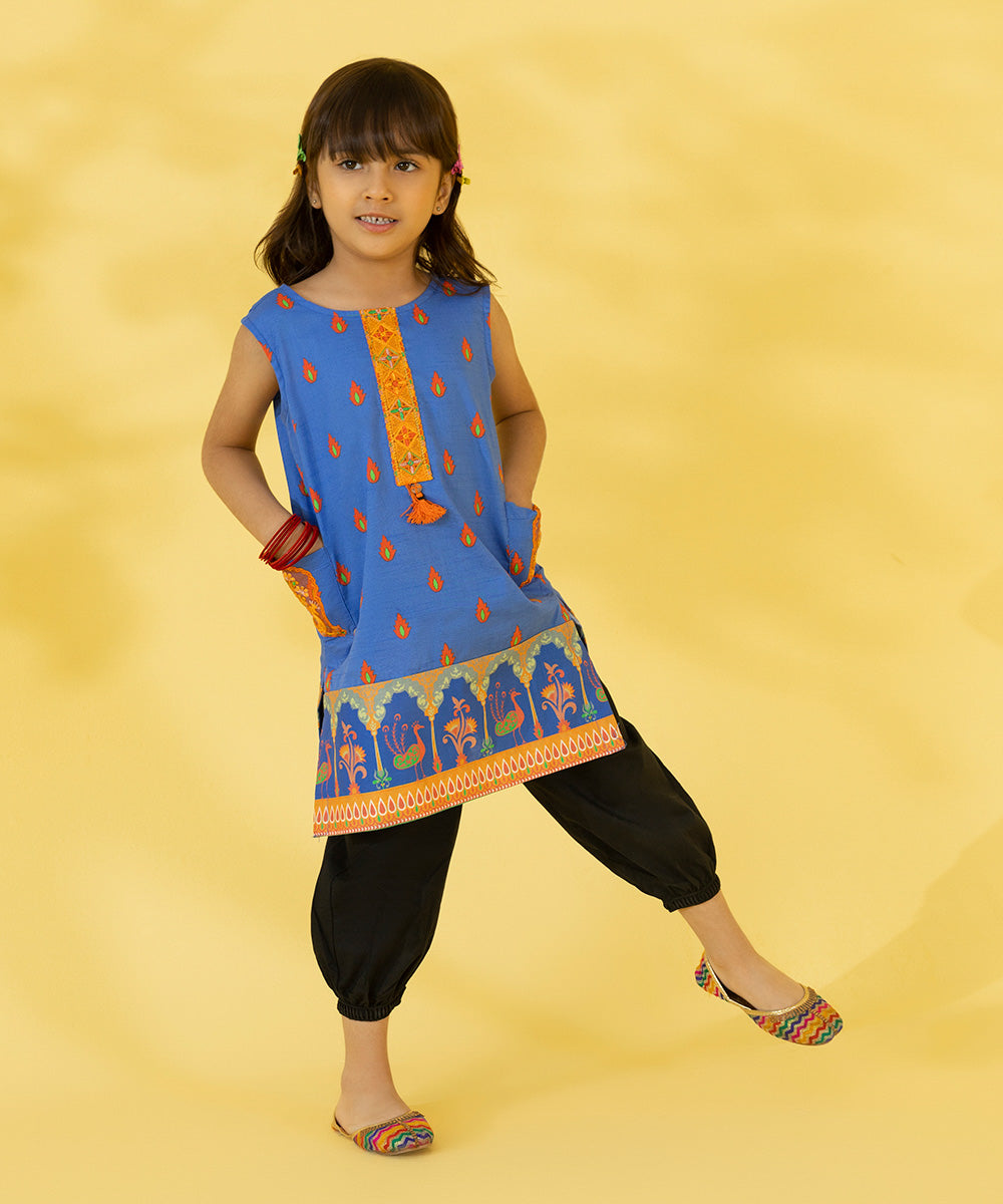 Kids Girls Cambric Embroidered Royal Blue Kurta