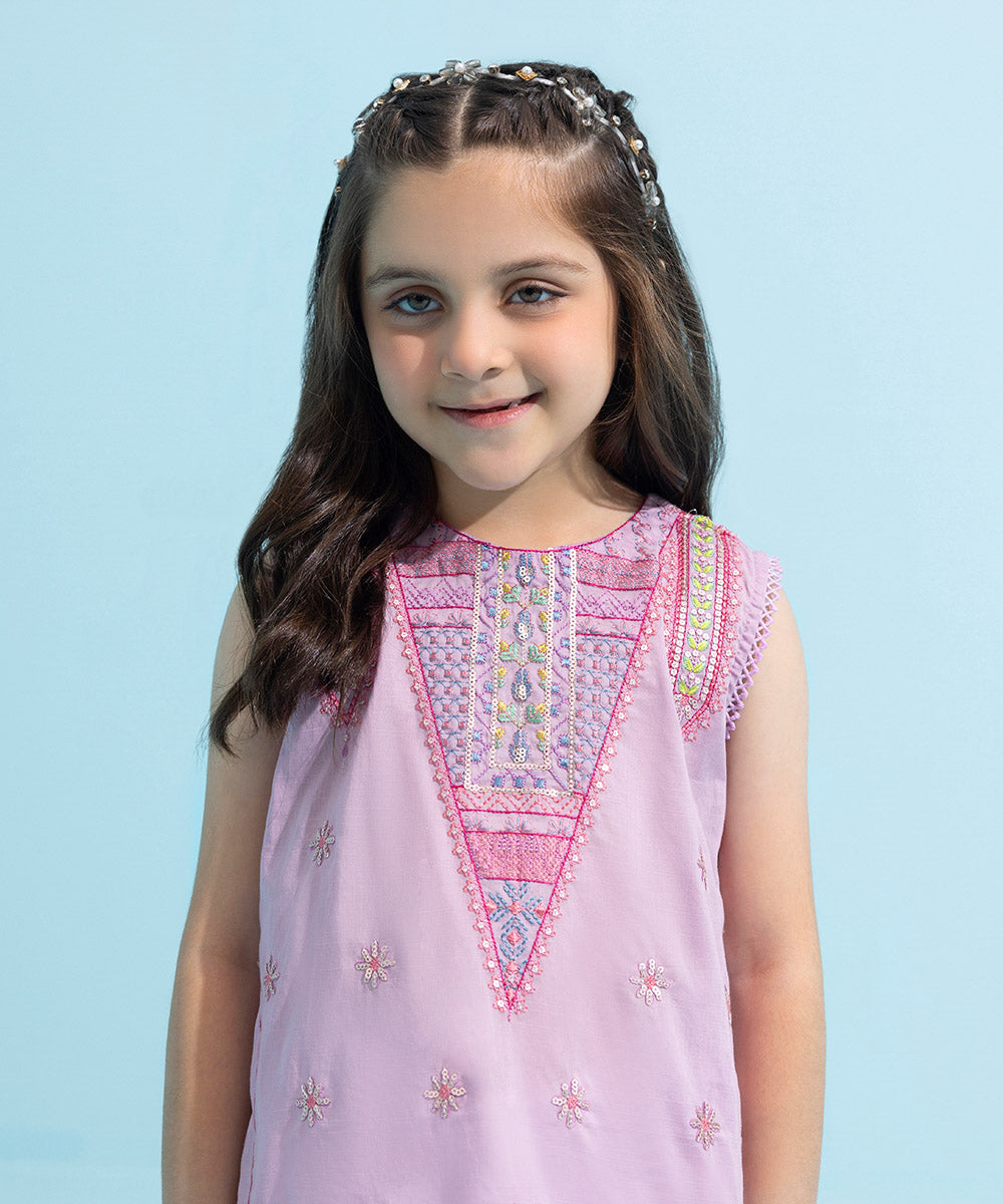 Kids East Girls Casual Lilac Embroidered Lawn Shirt