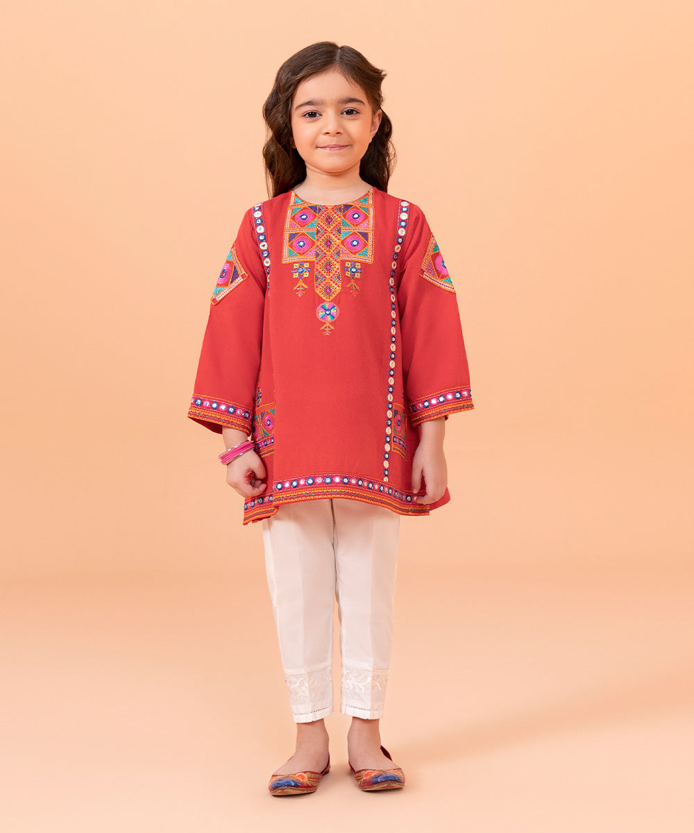Girls Dyed Red Embroidered Cotton Karandi Shirt