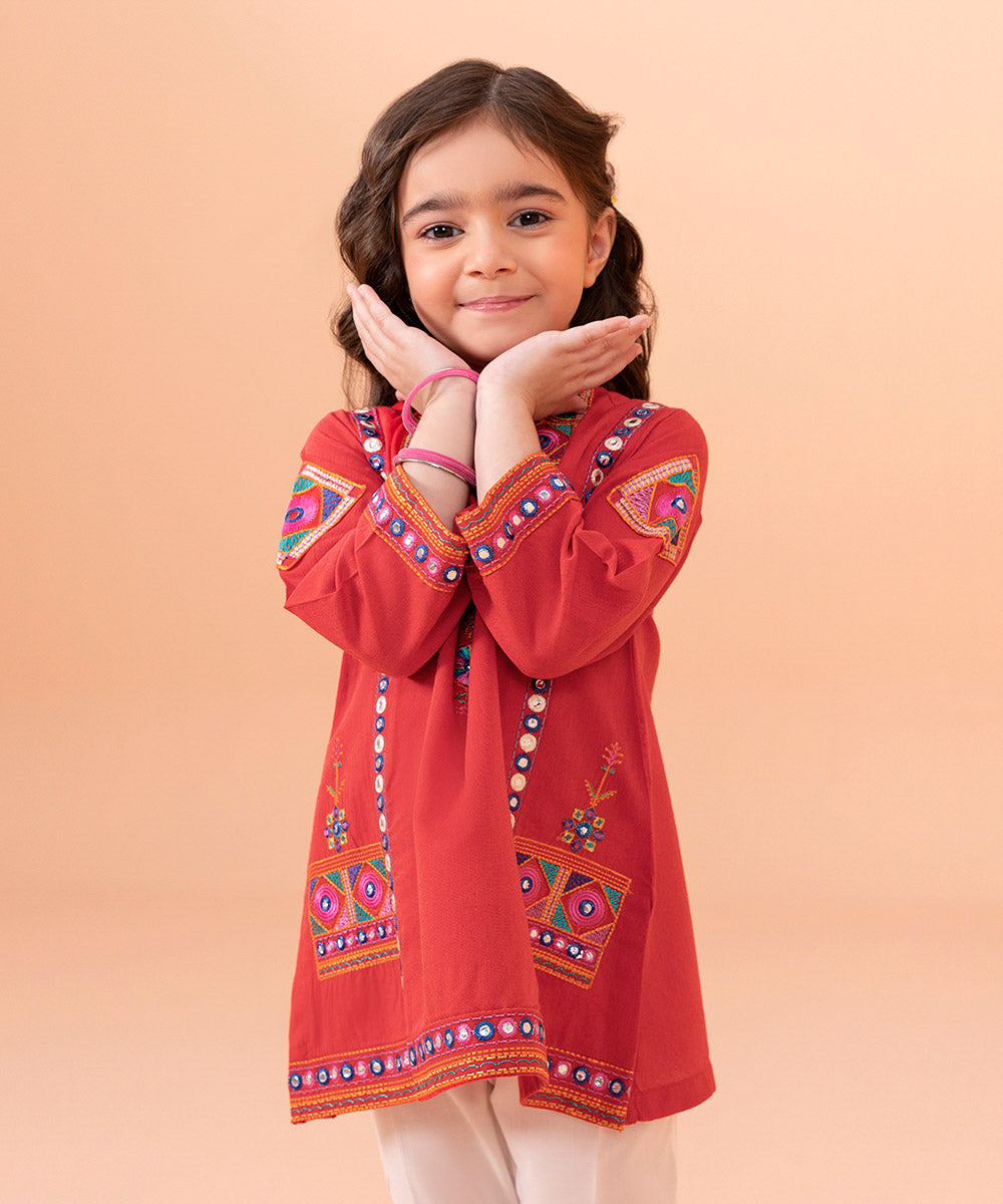 Girls Dyed Red Embroidered Cotton Karandi Shirt