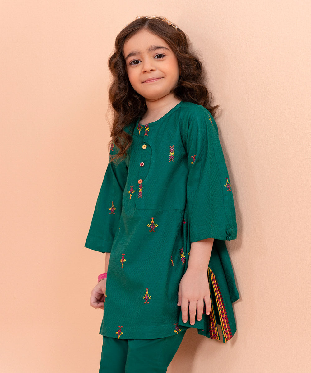 Girls Dyed Green Embroidered Cotton Dobby Suit
