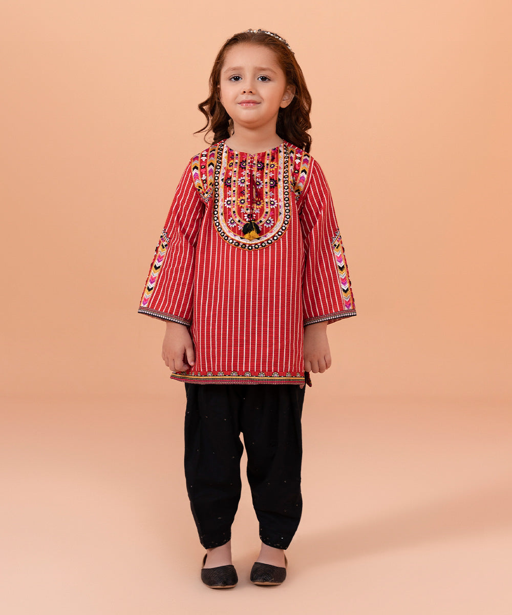 Girls Red Embroidered Zari Khaddar Shirt
