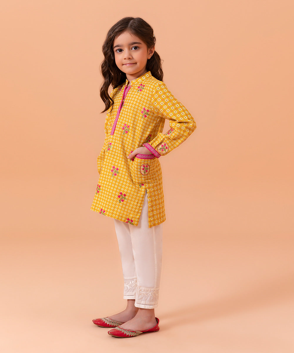 Girls Yellow Embroidered Zari Khaddar Shirt