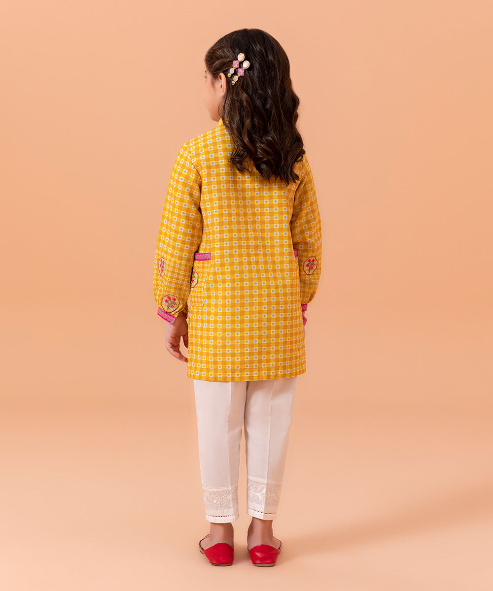 Girls Yellow Embroidered Zari Khaddar Shirt