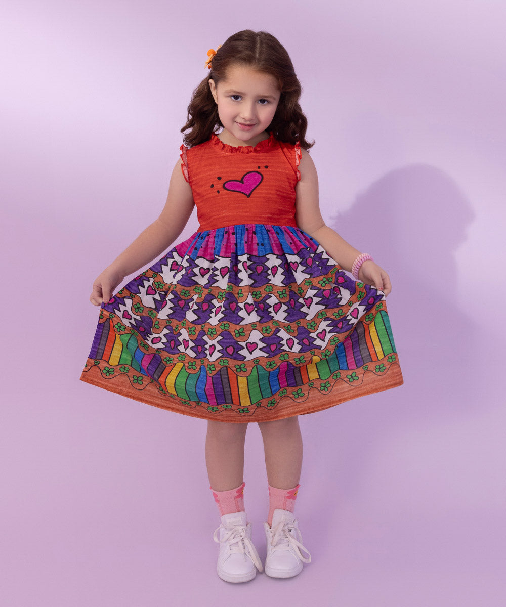 Girls Red Printed Cambric Dress