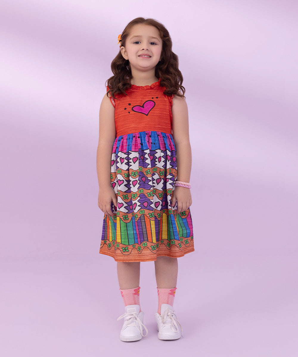 Girls Red Printed Cambric Dress