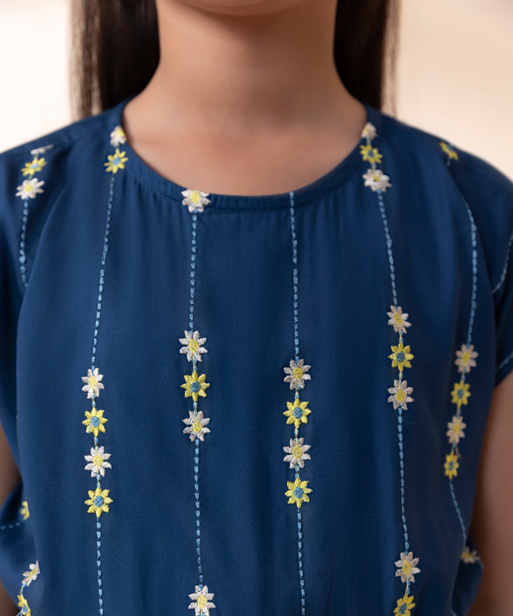 Girls Blue Embroidered Lilen Jumpsuit
