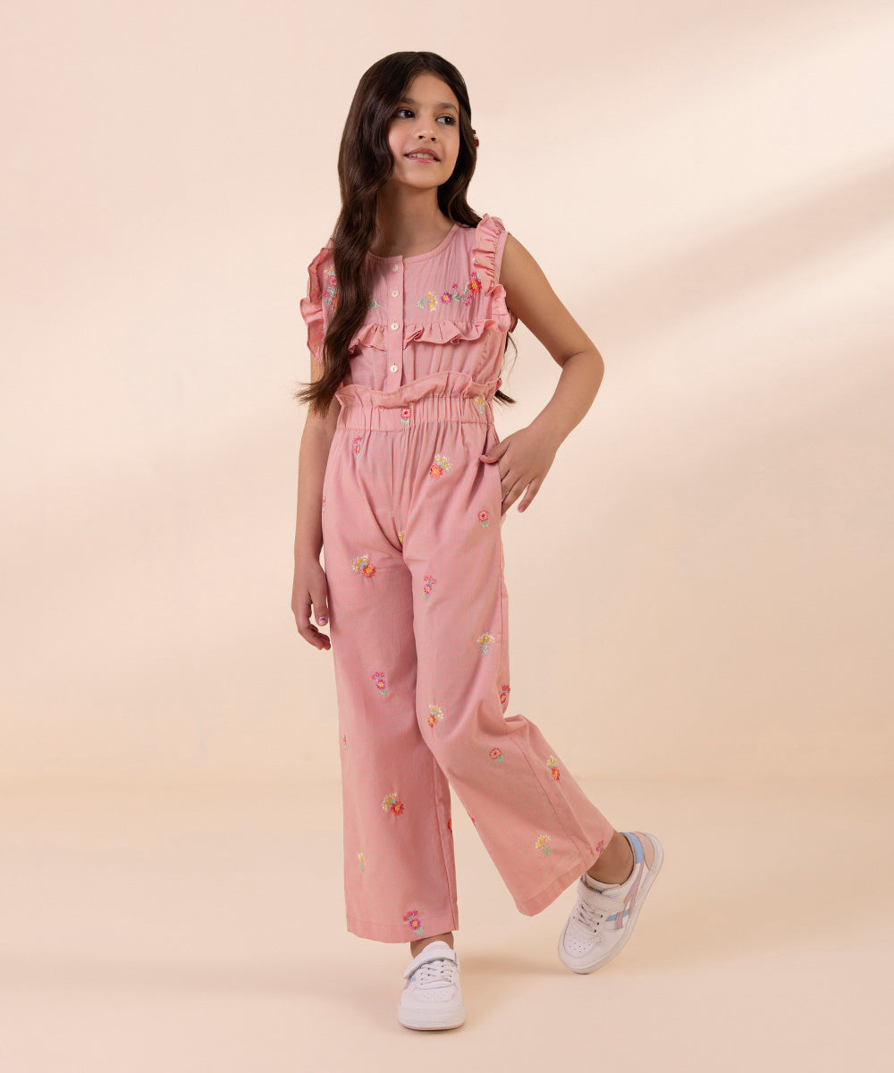 Kids East Girls Pink Embroidered Yarn Dyed Jumpsuit