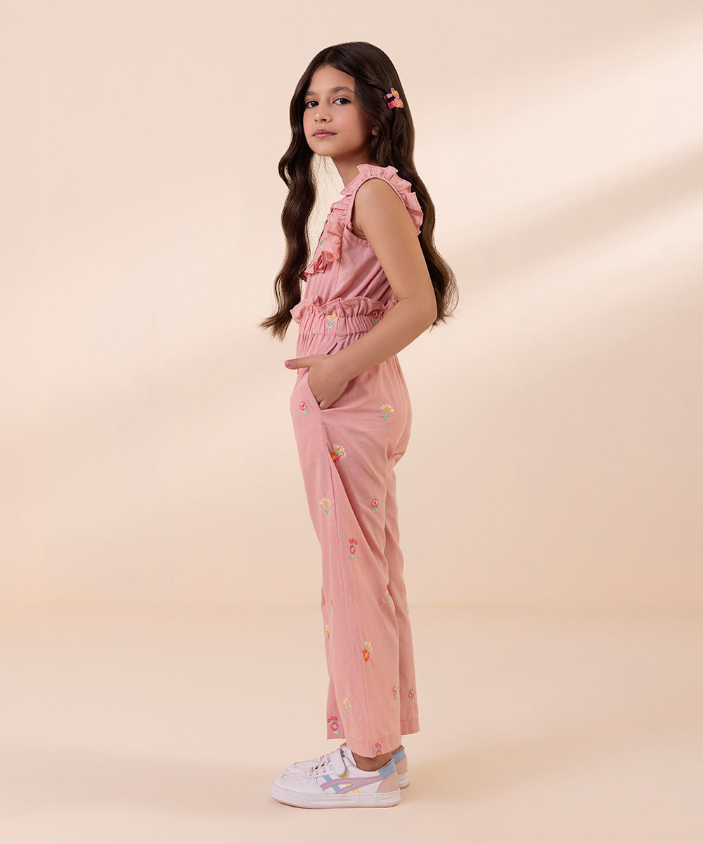 Kids East Girls Pink Embroidered Yarn Dyed Jumpsuit