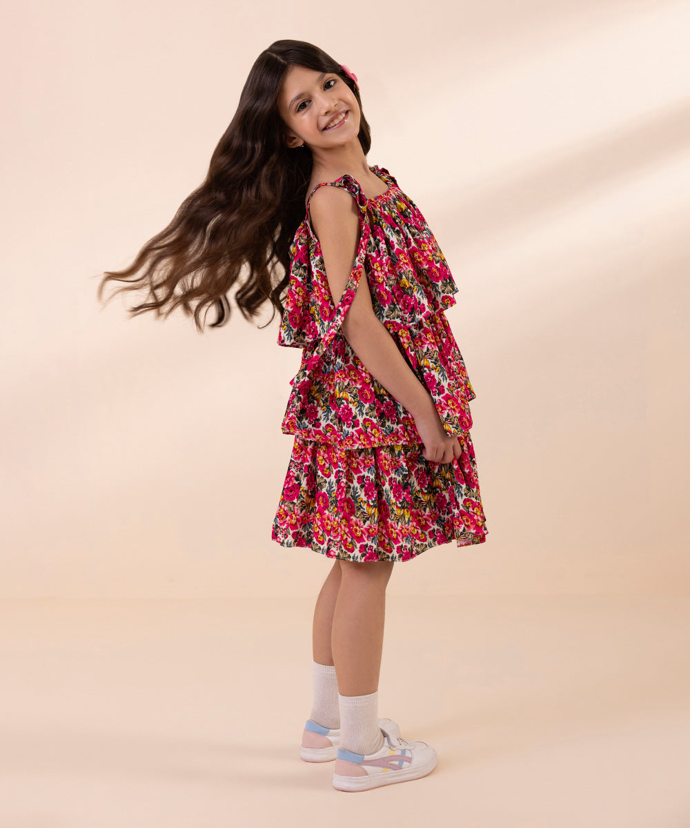 Kids East Girls Multi Printed Linen Dress