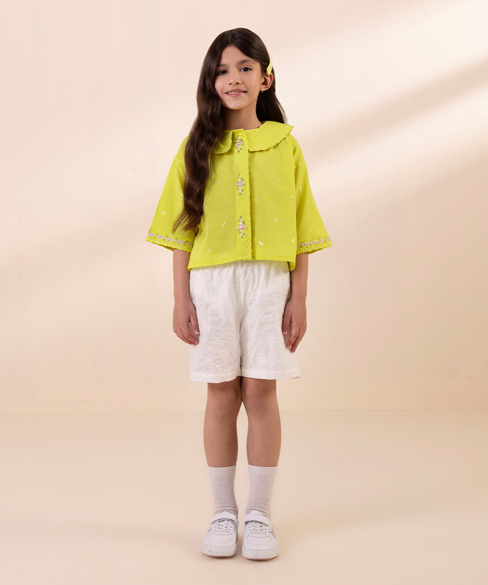 Kids East Girls Yellow Embroidered Cambric Top