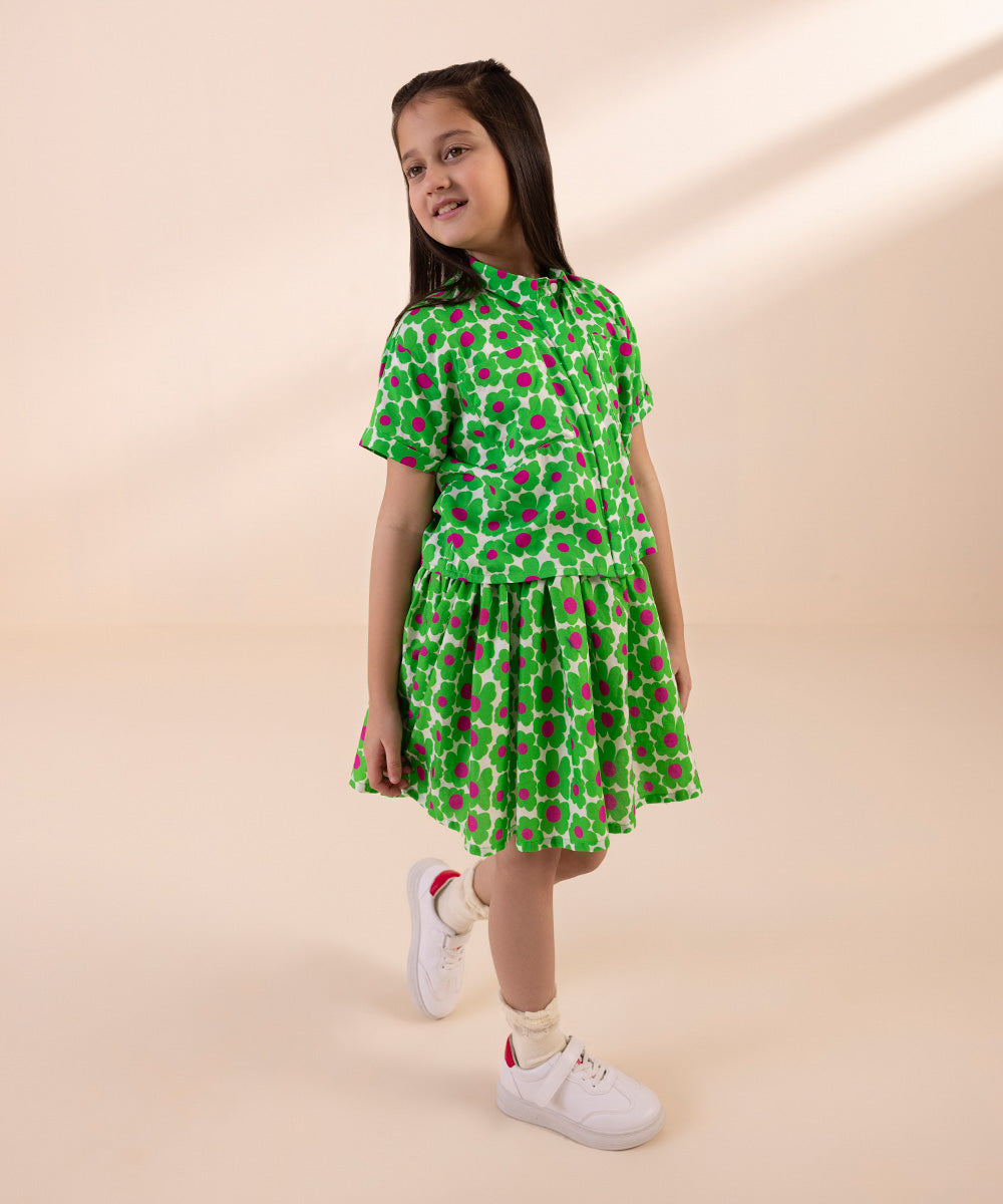 Kids East Girls Green Printed Linen Top