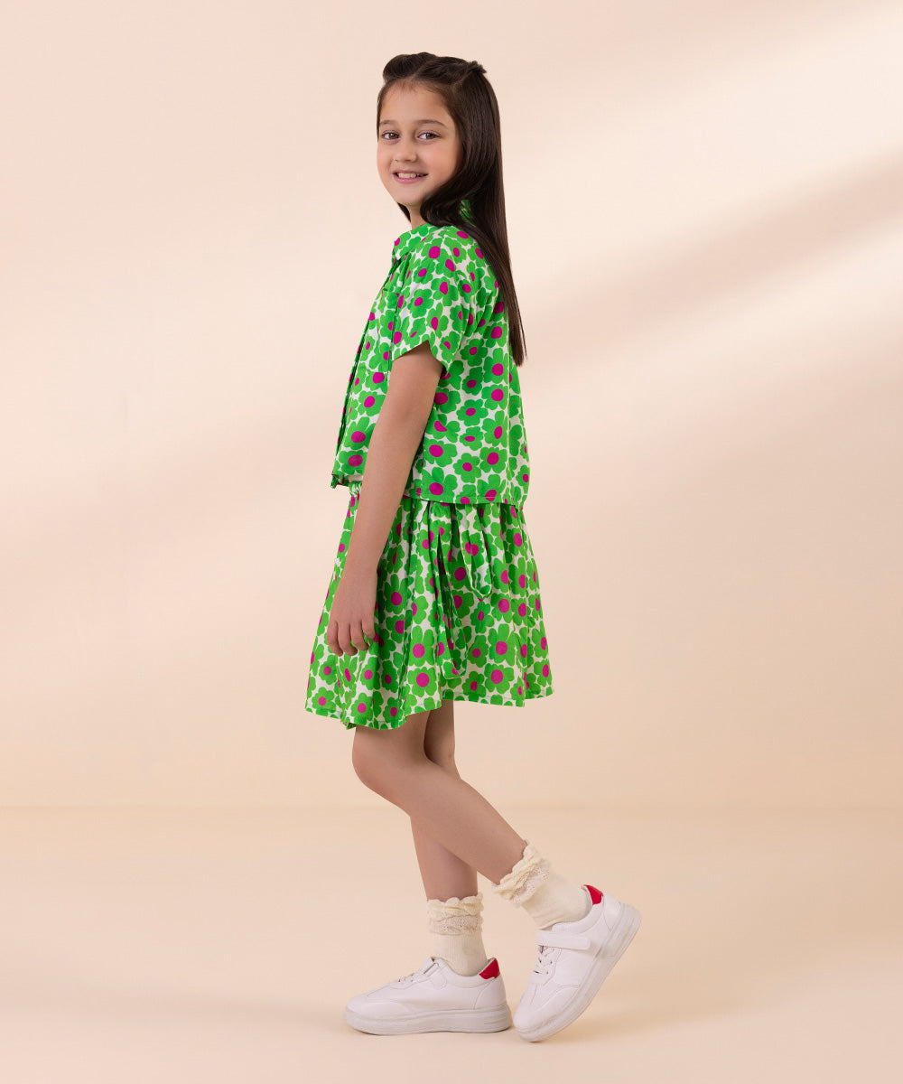 Kids East Girls Green Printed Linen Top