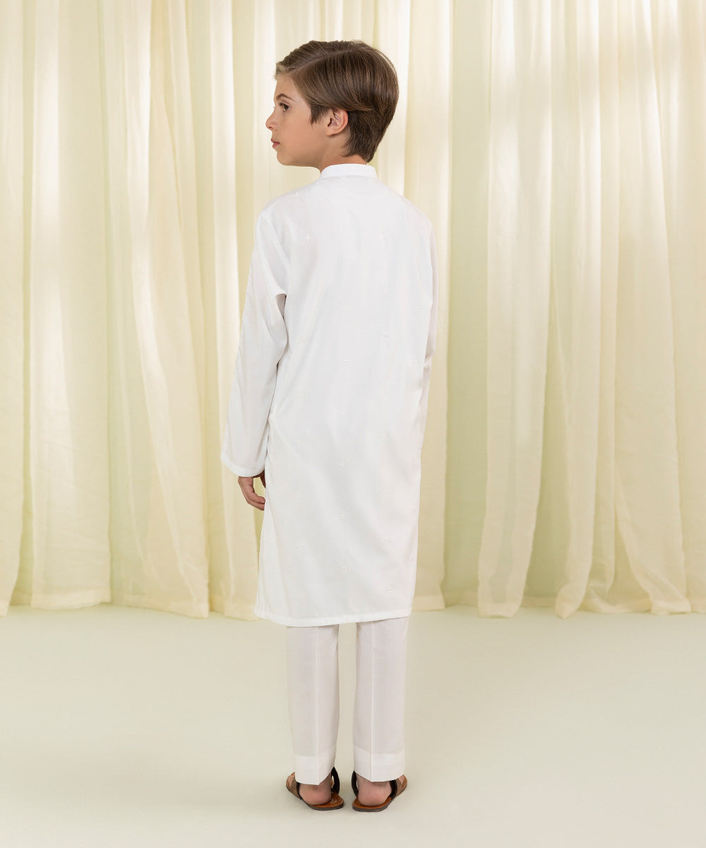 Boys Off White Embroidered Dobby Kurta