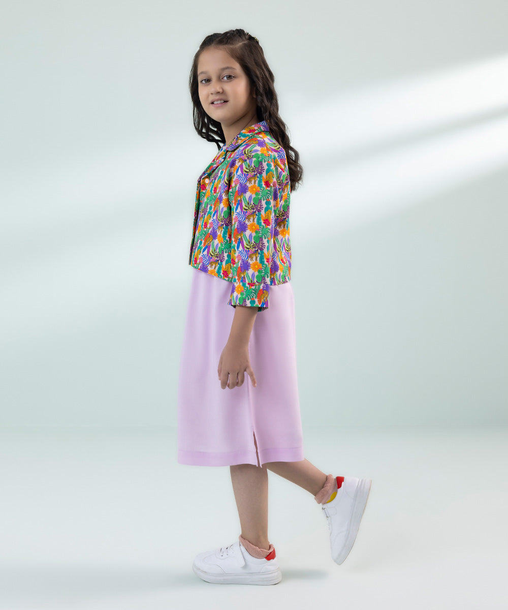 Girls Lilac 2 PC Printed Linen Dress