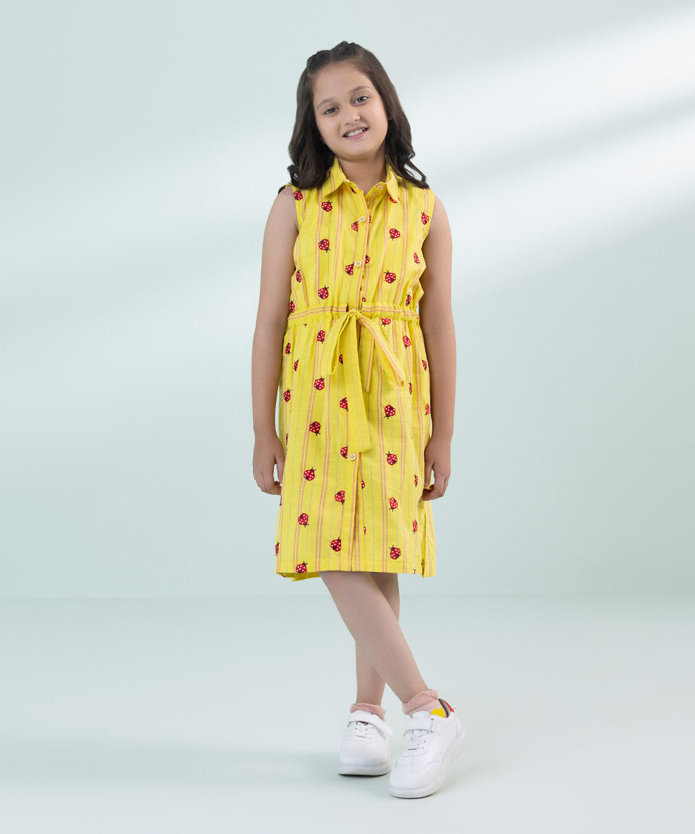 Girl's Yellow Embroidered Yarn Dyed Dress