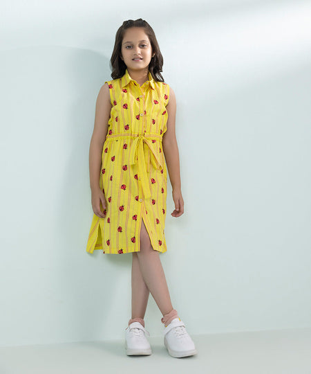 Girl's Yellow Embroidered Yarn Dyed Dress