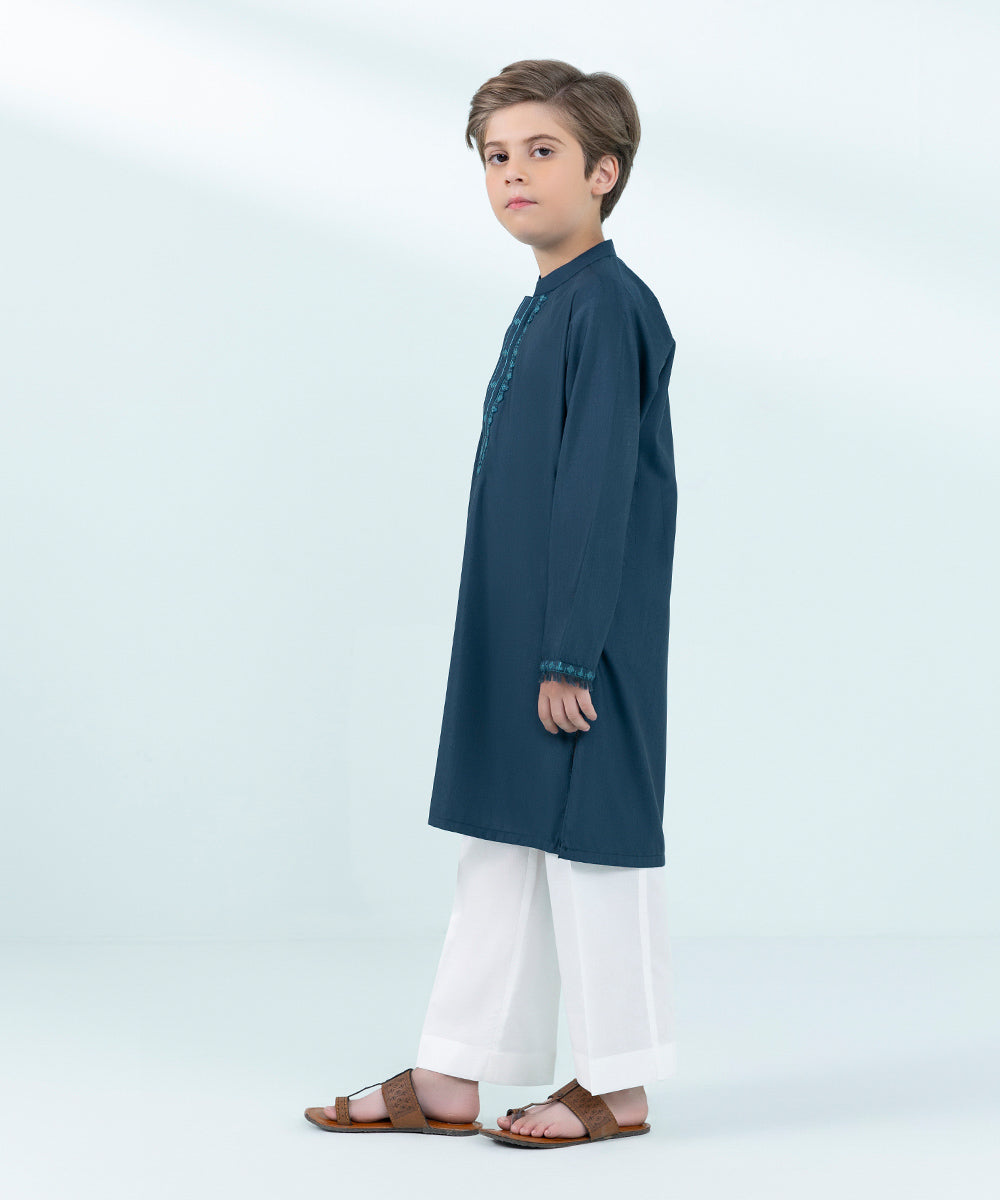 Kids East Boys Blue Embroidered Dobby Kurta