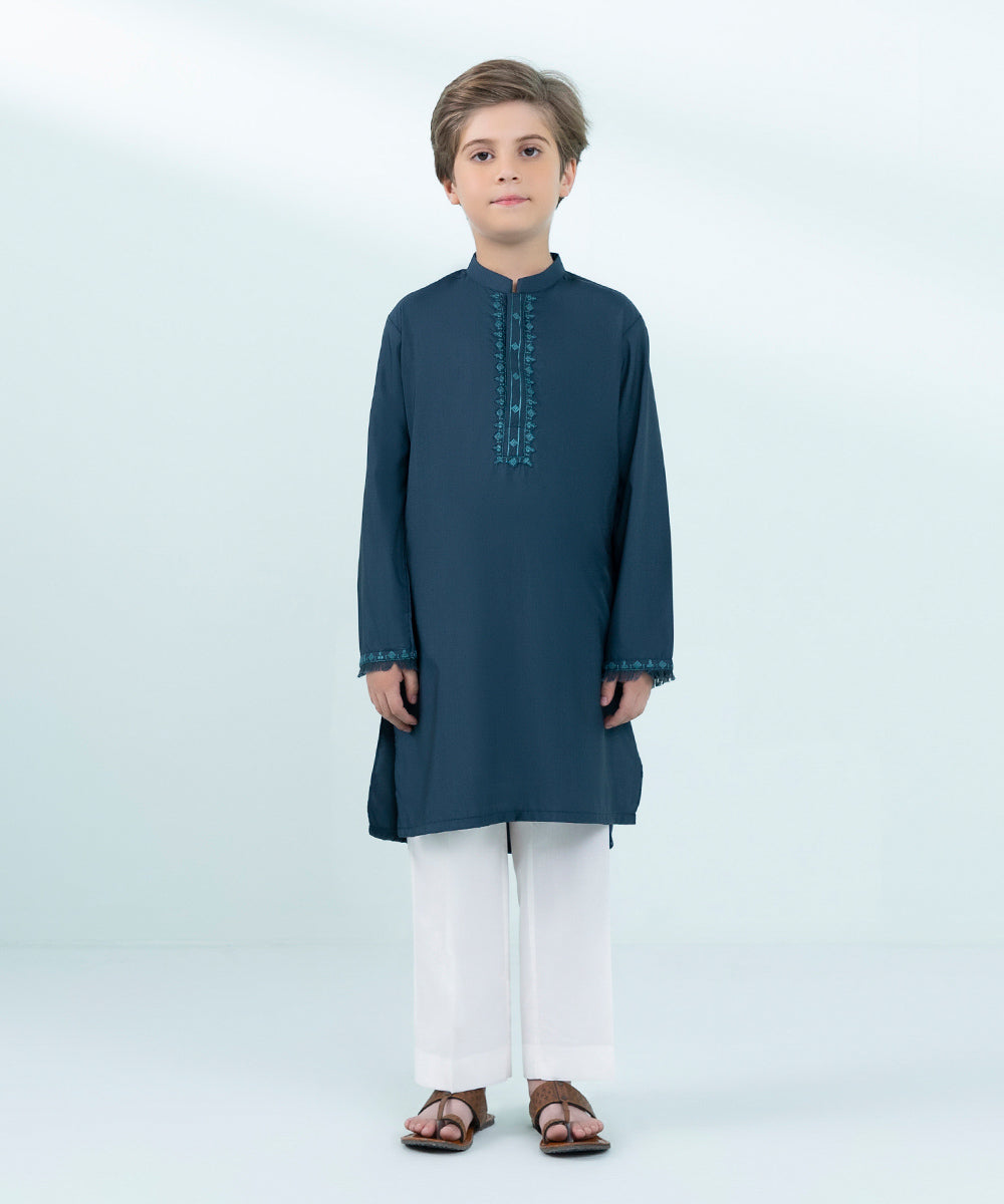 Kids East Boys Blue Embroidered Dobby Kurta