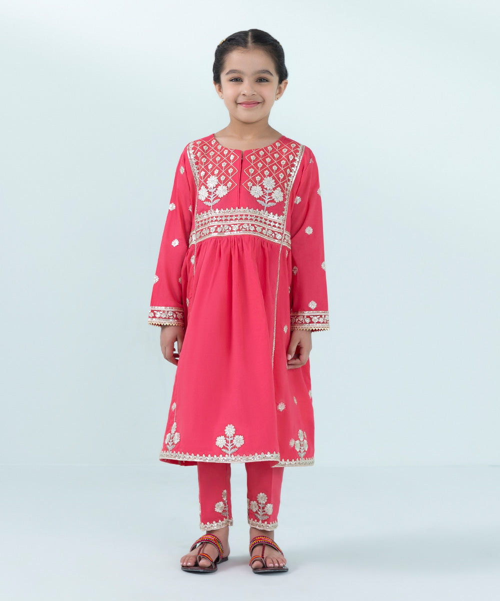 Kids East Girls Pink 2 Piece Embroidered Lawn Suit