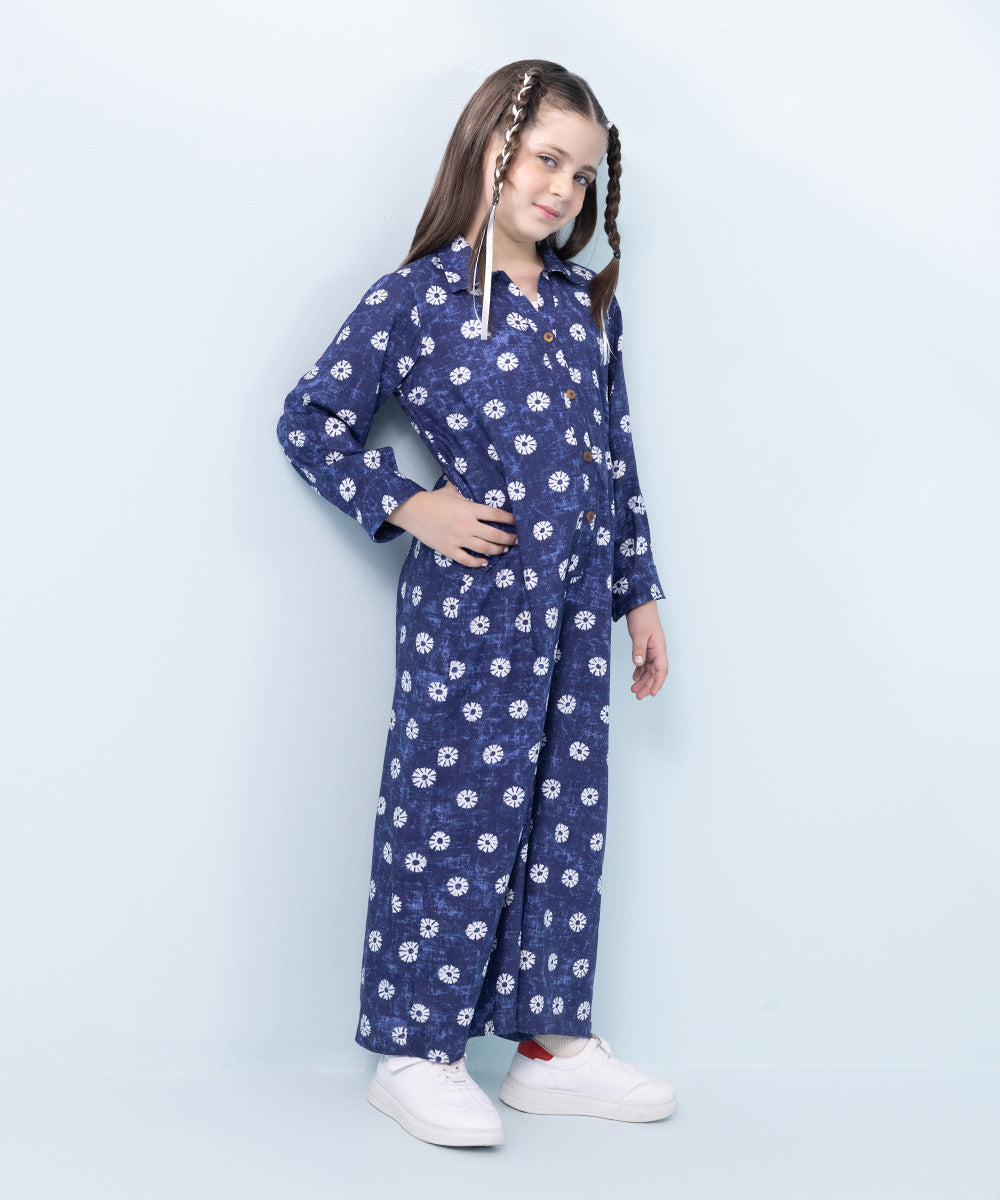 Kids East Girls Blue Printed Arabic Lawn Jumpsuit