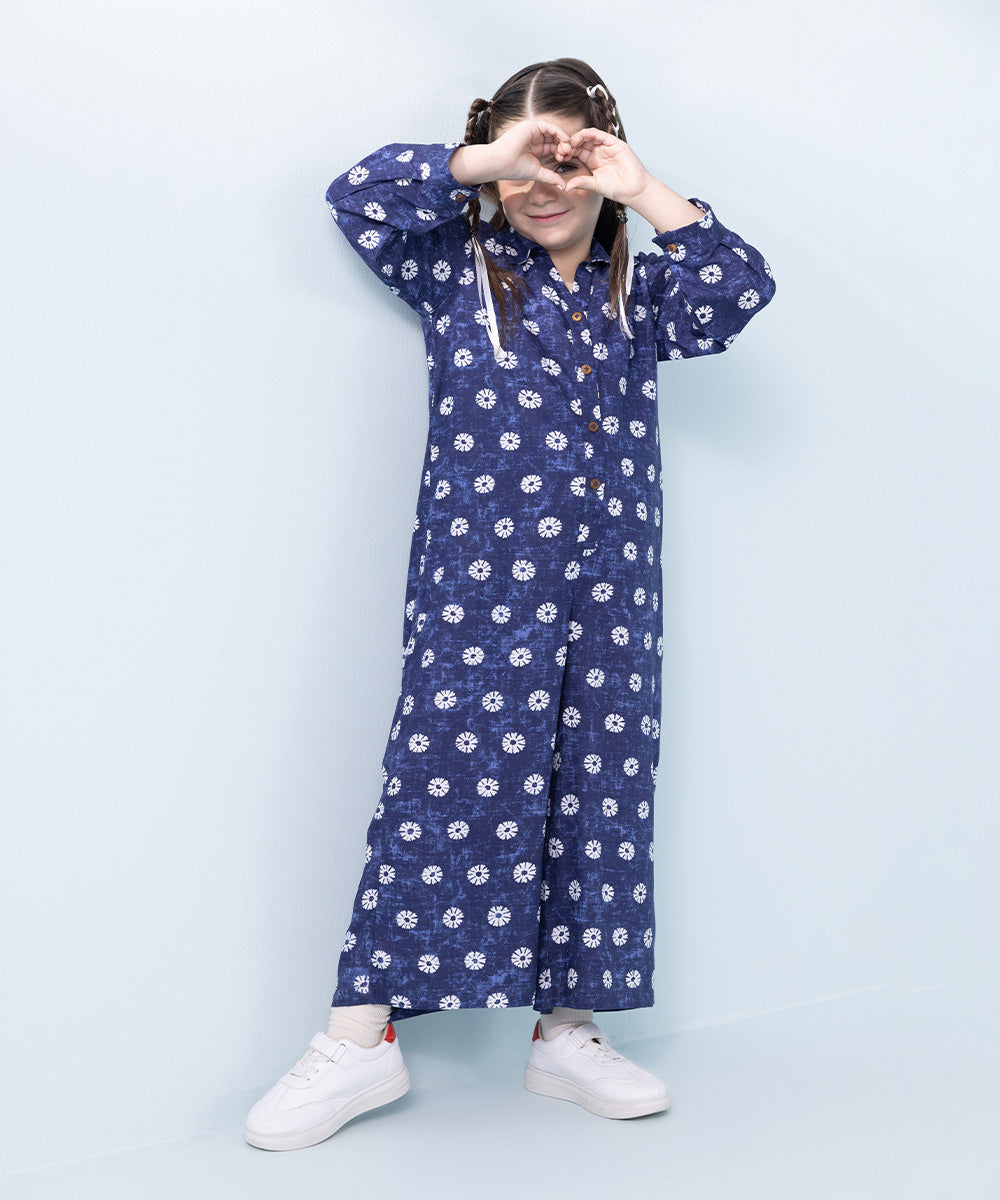 Kids East Girls Blue Printed Arabic Lawn Jumpsuit