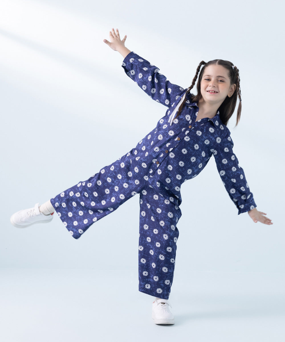 Kids East Girls Blue Printed Arabic Lawn Jumpsuit