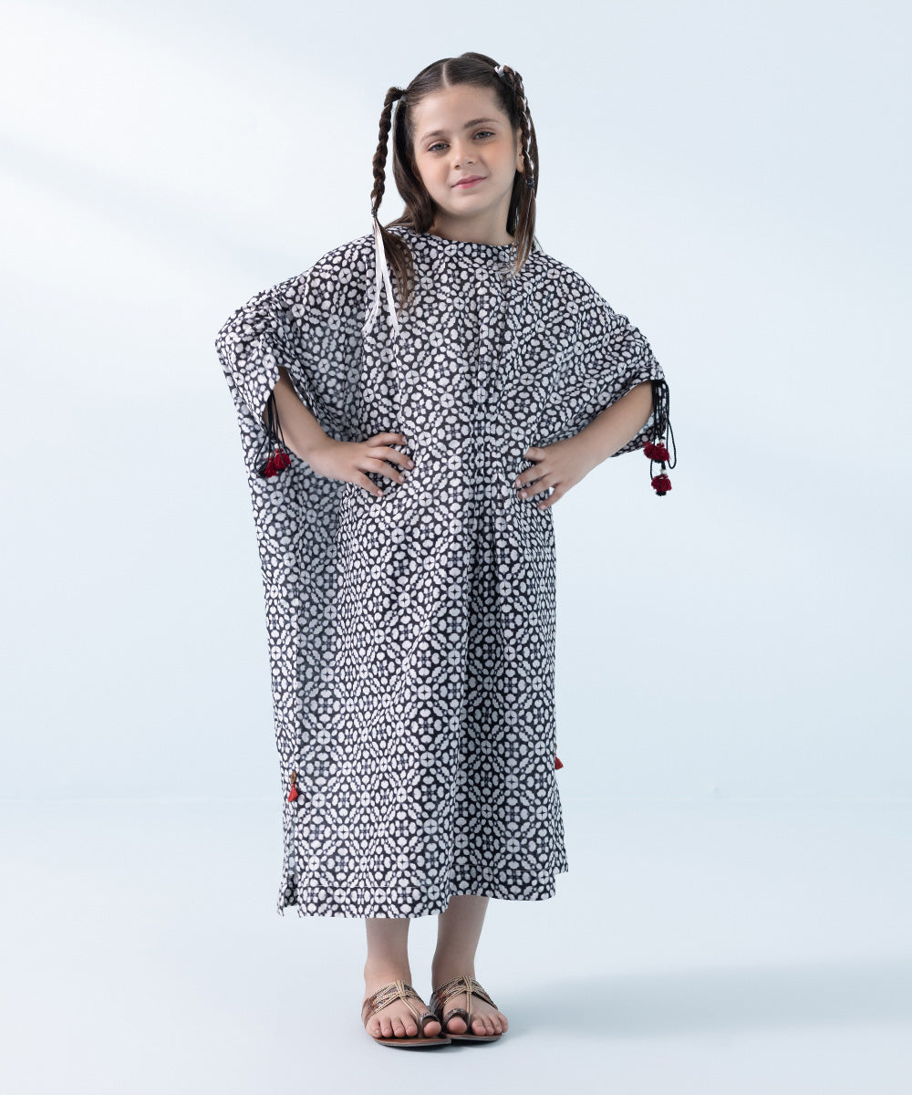 Kids East Girls Black Printed Linen Kaftan