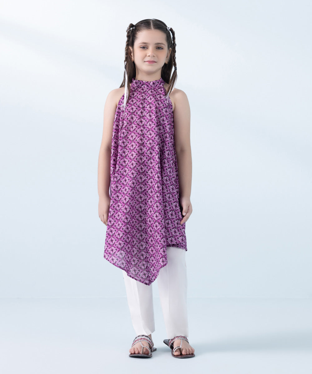 Kids East Girls Purple Printed Lawn Shirt