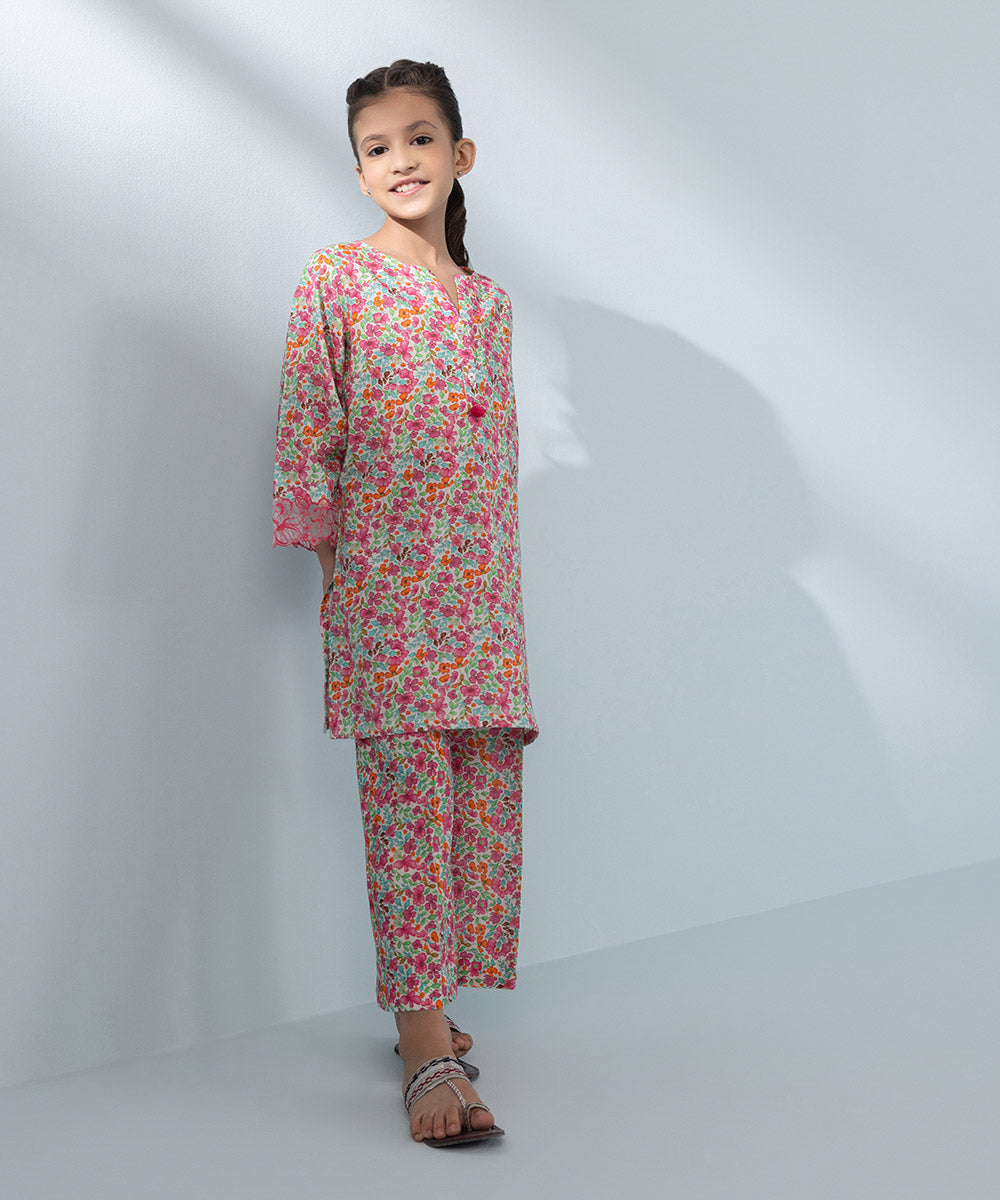 Kids East Girls Multi 2 Pc Embroidered Arabic Lawn Suit