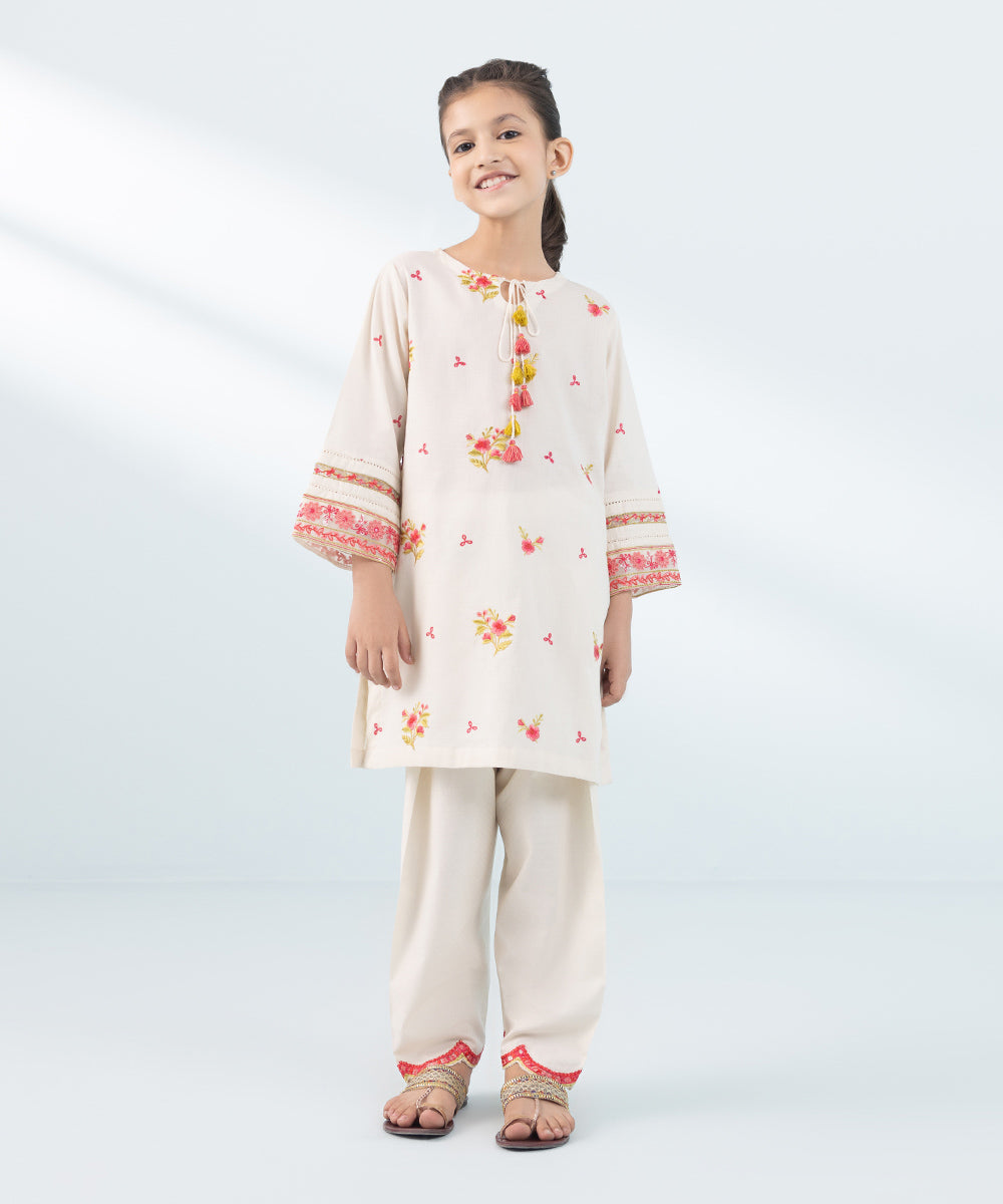 Kids East Girls Off White 2 Pc Embroidered Dobby Suit