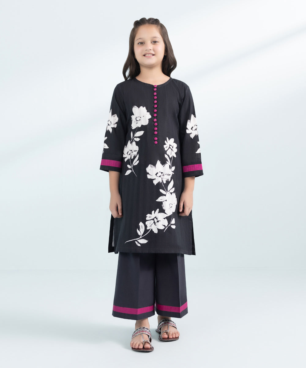 Kids East Girls Black 2 Piece Printed Leno Kara Suit