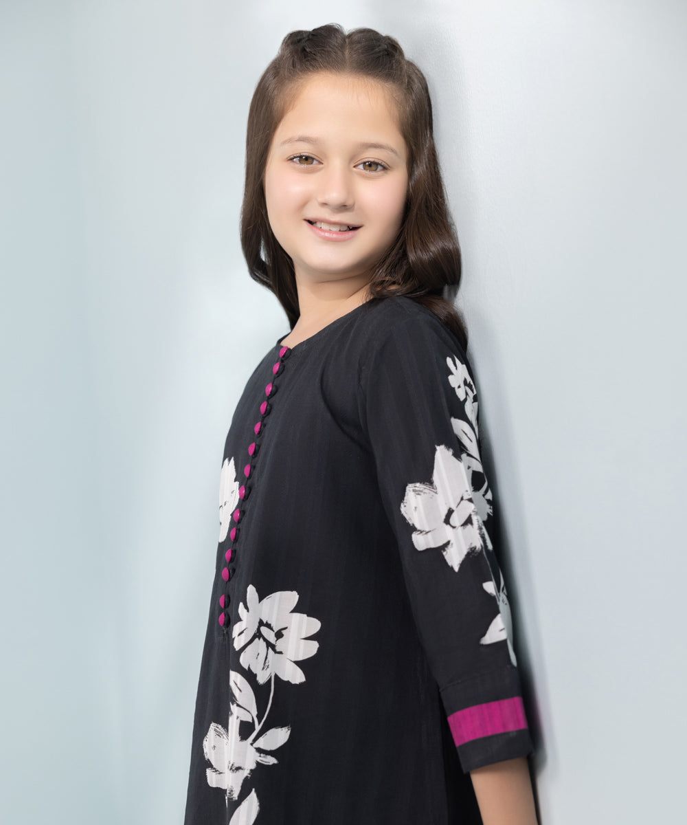 Kids East Girls Black 2 Piece Printed Leno Kara Suit