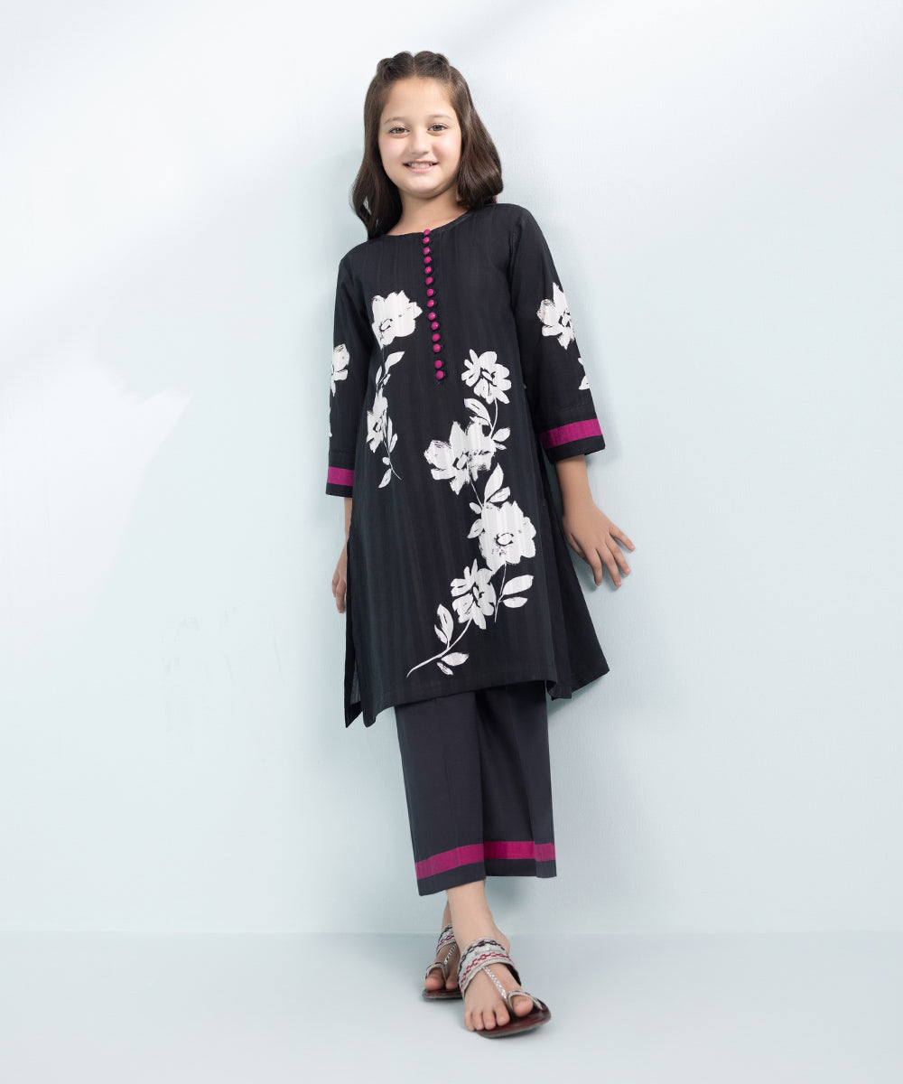 Kids East Girls Black 2 Piece Printed Leno Kara Suit