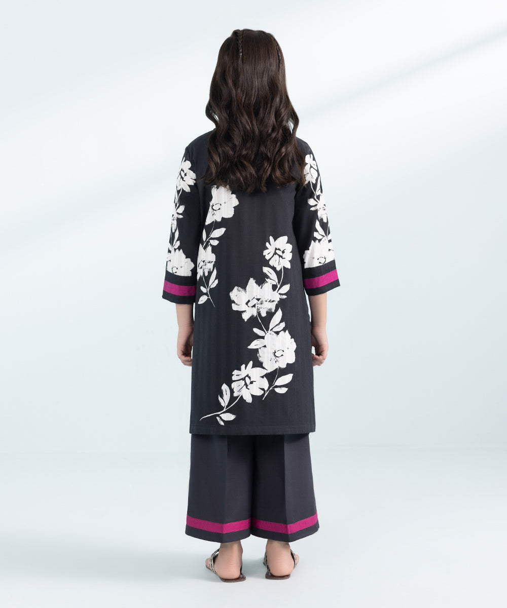 Kids East Girls Black 2 Piece Printed Leno Kara Suit