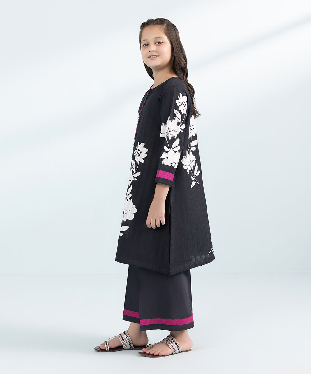 Kids East Girls Black 2 Piece Printed Leno Kara Suit