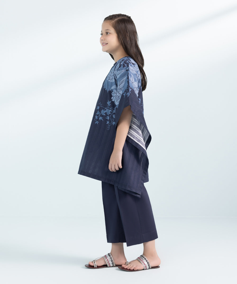 Kids East Girls Navy Blue 2 Piece Printed Leno Kara Set