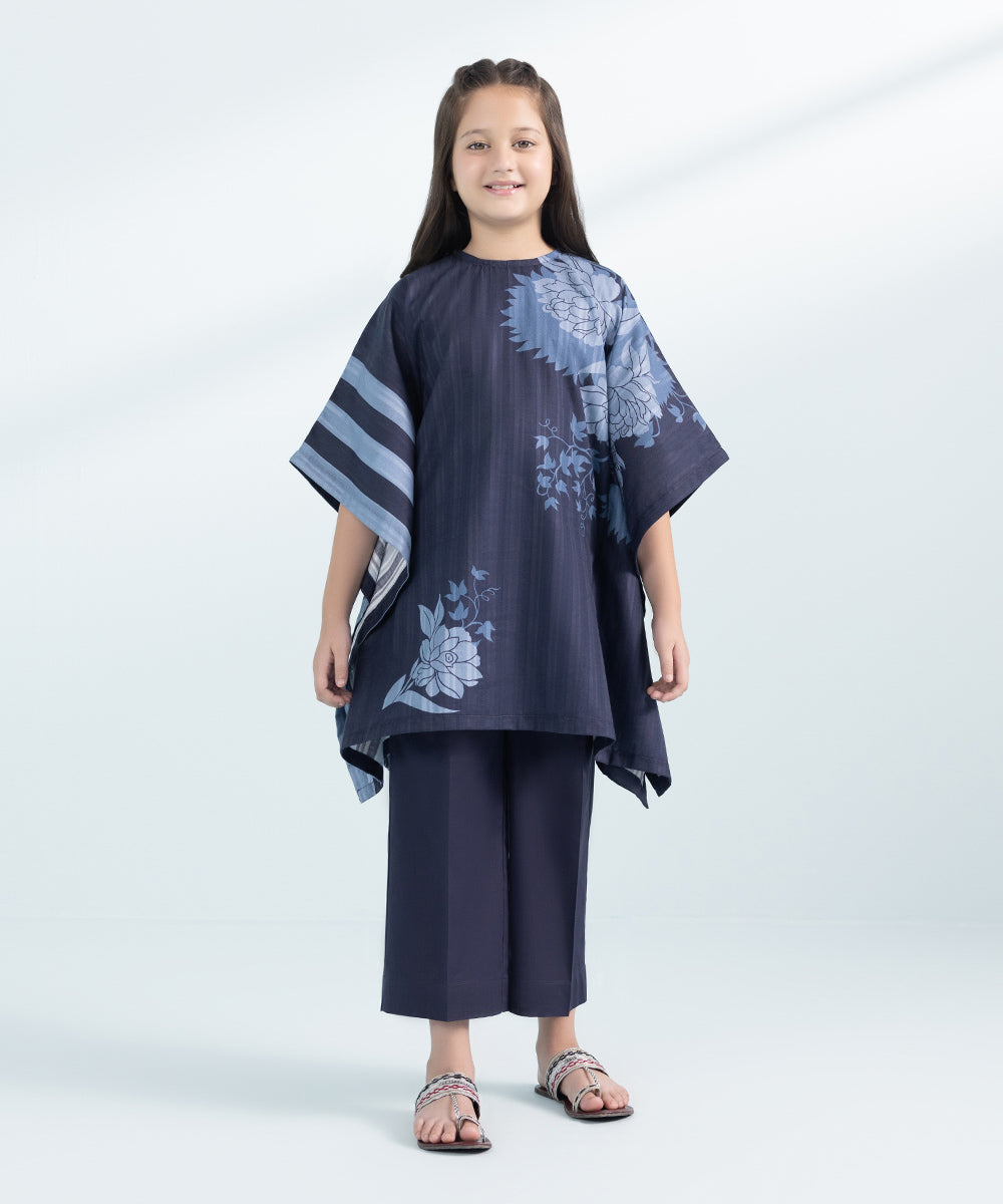 Kids East Girls Navy Blue 2 Piece Printed Leno Kara Set