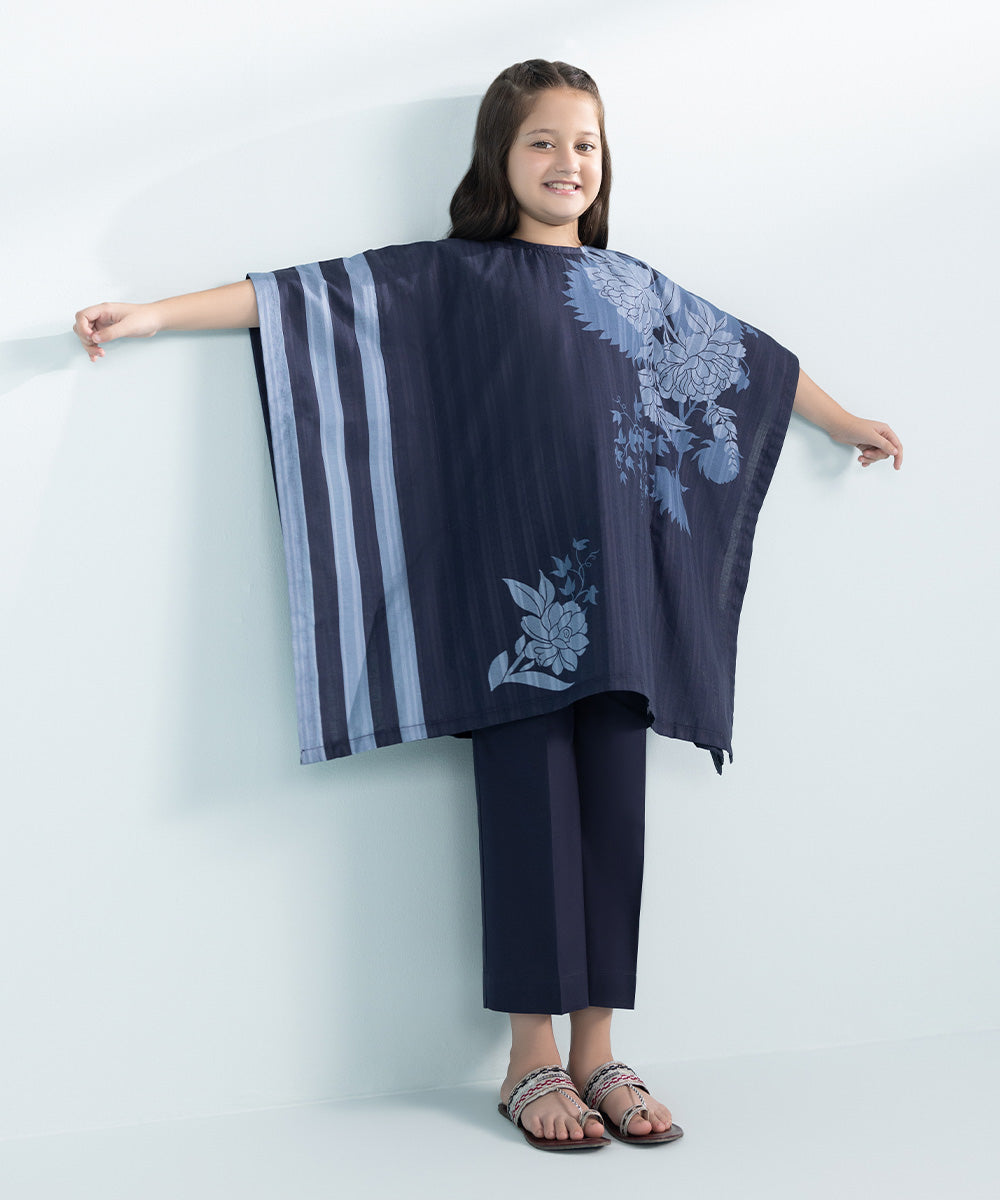 Kids East Girls Navy Blue 2 Piece Printed Leno Kara Set