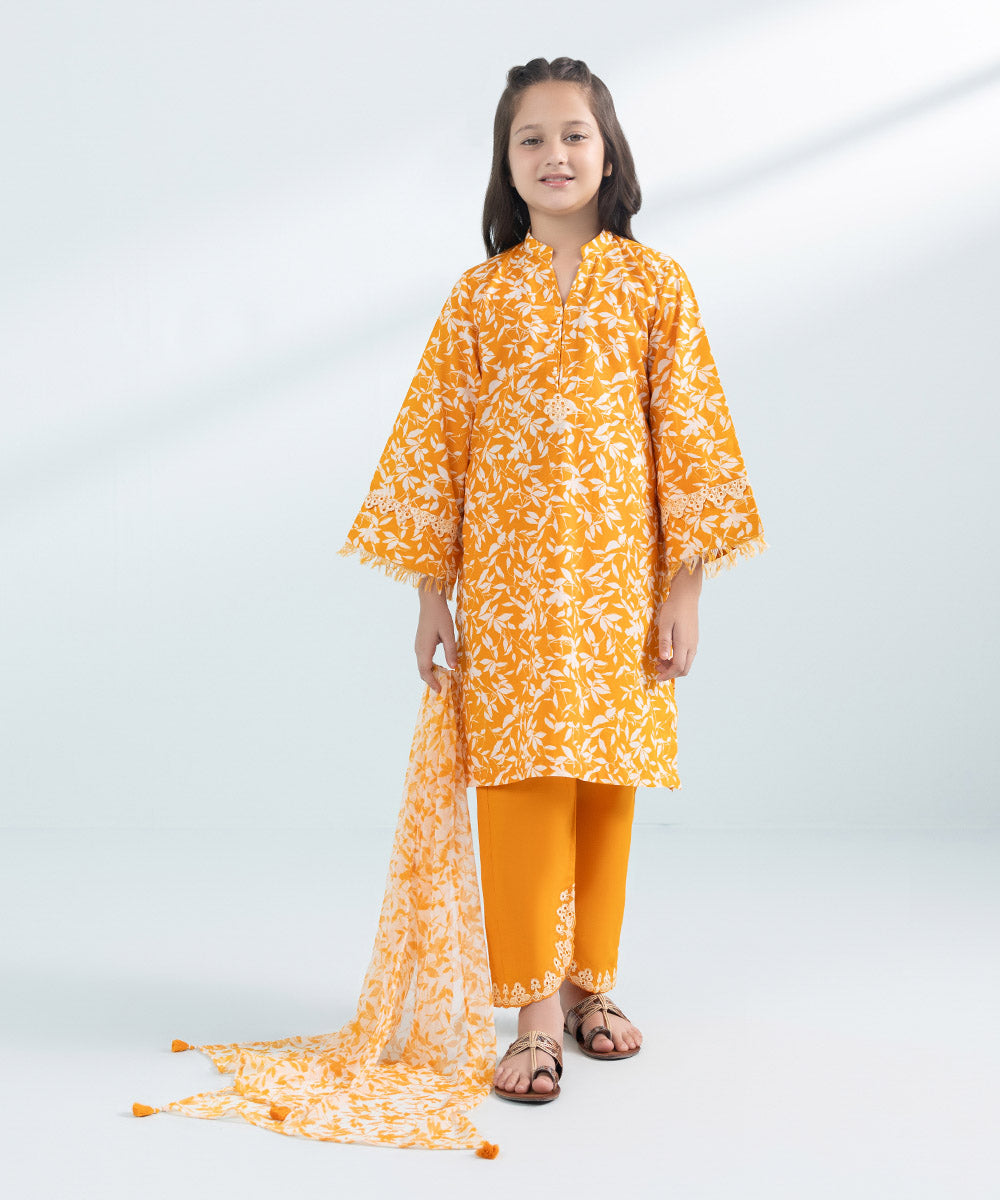 Kids East Girls Orange 3 Piece Embroidered Lawn Suit