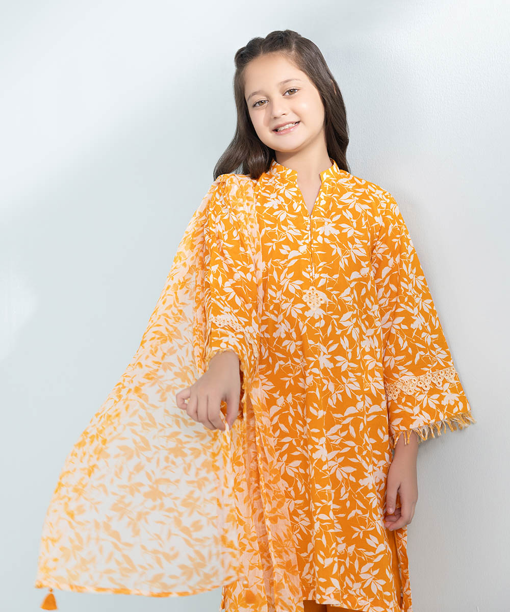 Kids East Girls Orange 3 Piece Embroidered Lawn Suit