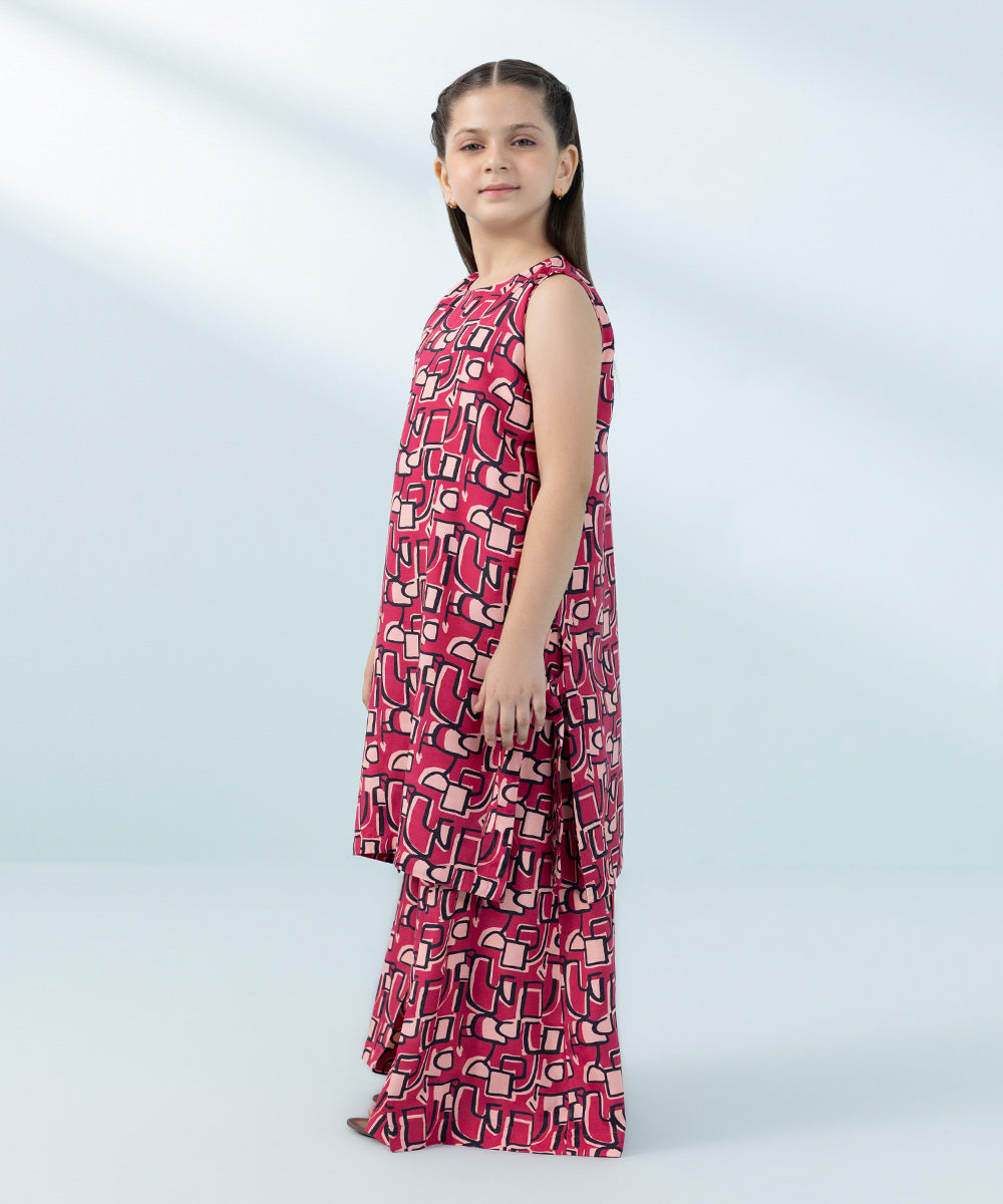 Kids East Girls Maroon Printed Raw Silk Set